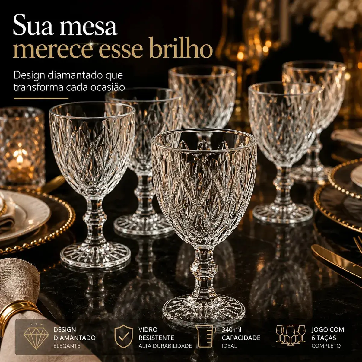 Jogo 6 Taças De Vidro Diamond Cristal 340 ML Luxo Elegante Agua Suco Vinho Champanhe Restaurante Bar Adega thumbnail 2