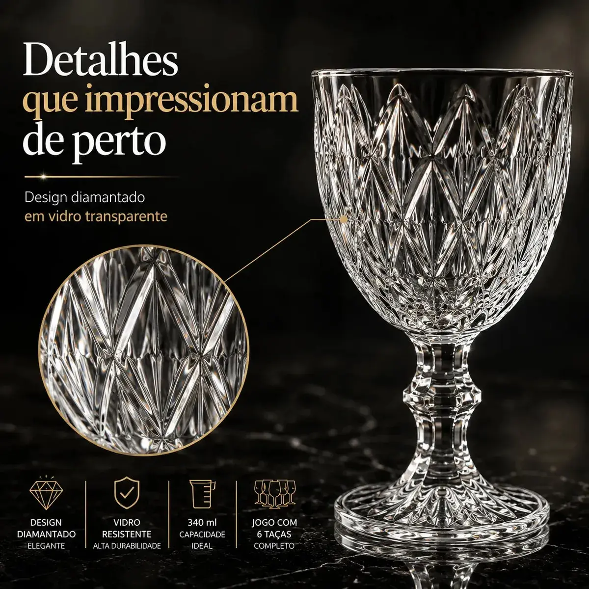 Jogo 6 Taças De Vidro Diamond Cristal 340 ML Luxo Elegante Agua Suco Vinho Champanhe Restaurante Bar Adega thumbnail 3