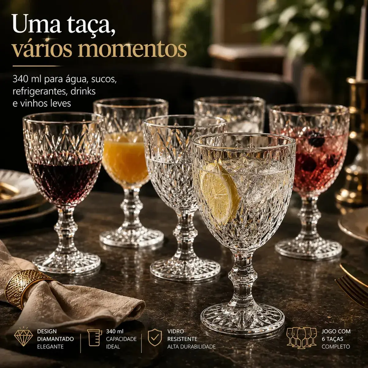 Jogo 6 Taças De Vidro Diamond Cristal 340 ML Luxo Elegante Agua Suco Vinho Champanhe Restaurante Bar Adega thumbnail 4