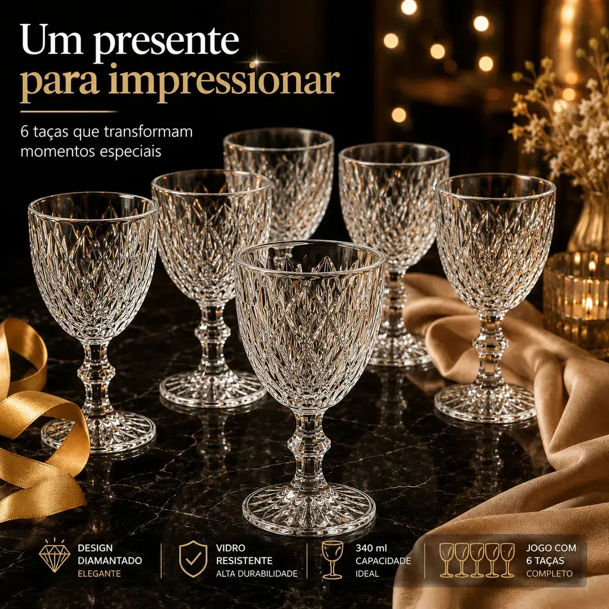 Jogo 6 Taças De Vidro Diamond Cristal 340 ML Luxo Elegante Agua Suco Vinho Champanhe Restaurante Bar Adega thumbnail 5