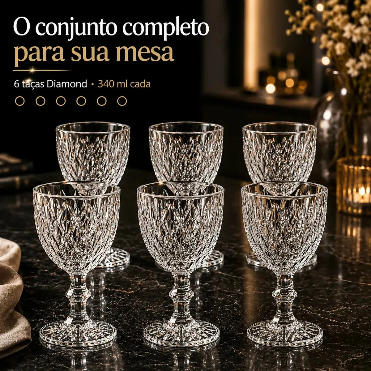 Jogo 6 Taças De Vidro Diamond Cristal 340 ML Luxo Elegante Agua Suco Vinho Champanhe Restaurante Bar Adega thumbnail 6