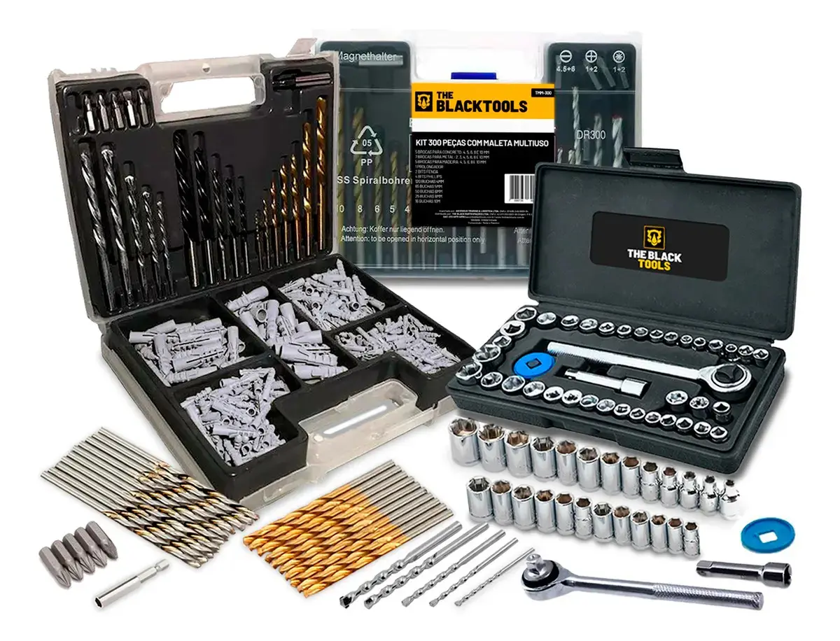 Jogo De Brocas Buchas E Bits Com 300 Peças Multiuso E Maleta + Kit Chave Catraca Soquetes Com 40 Peças The Black Tools