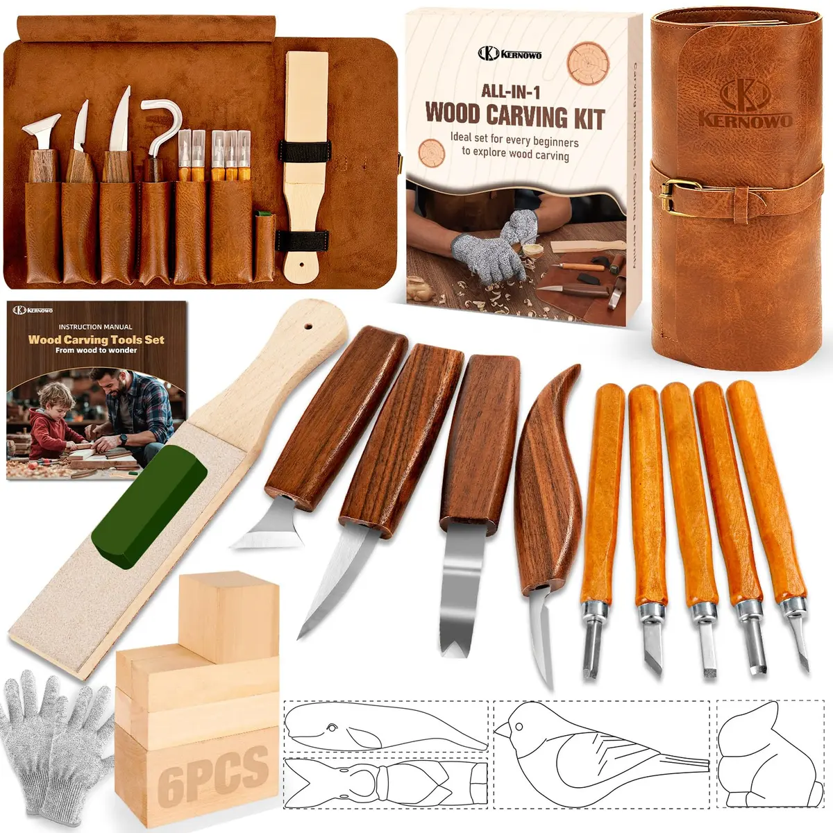 Kit de escultura em madeira, 24 peças de ferramentas de escultura em madeira com bolsa de armazenamento, kit de faca de corte de madeira com 4 peças de modelos e 6 peças de blocos de tília para