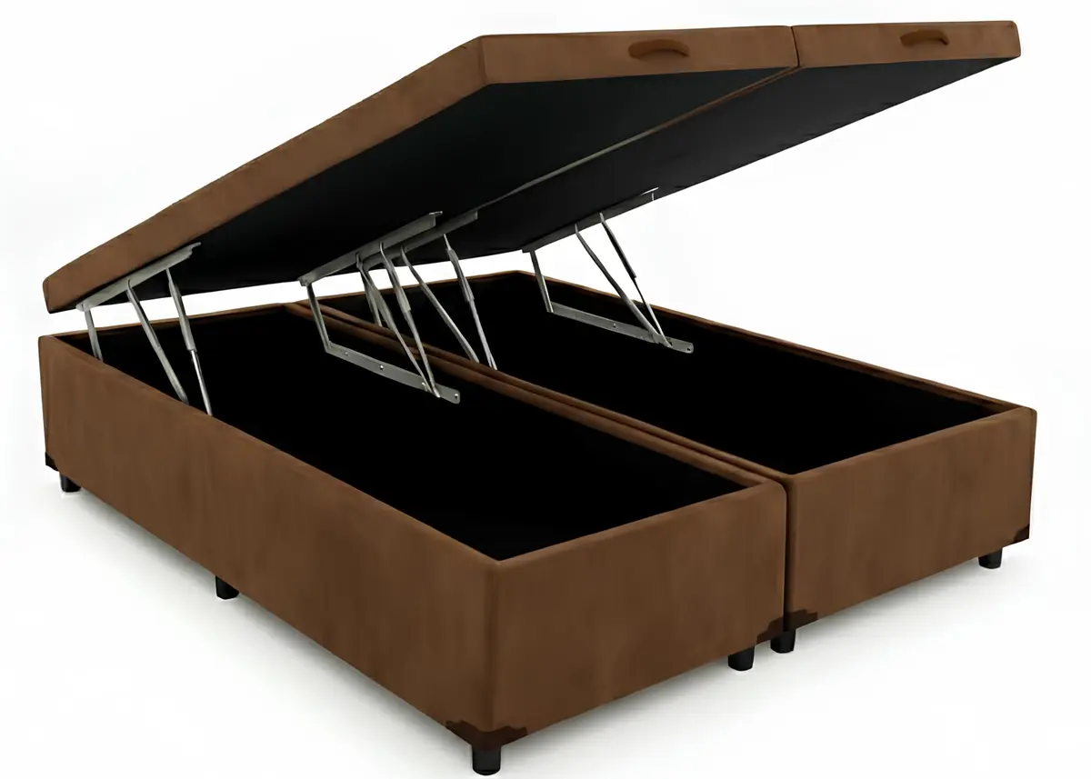 Cama Box Baú Casal Bipartido 69, Blindado, com Pistão a Gás, Pés de Madeira (Suede, Marrom)