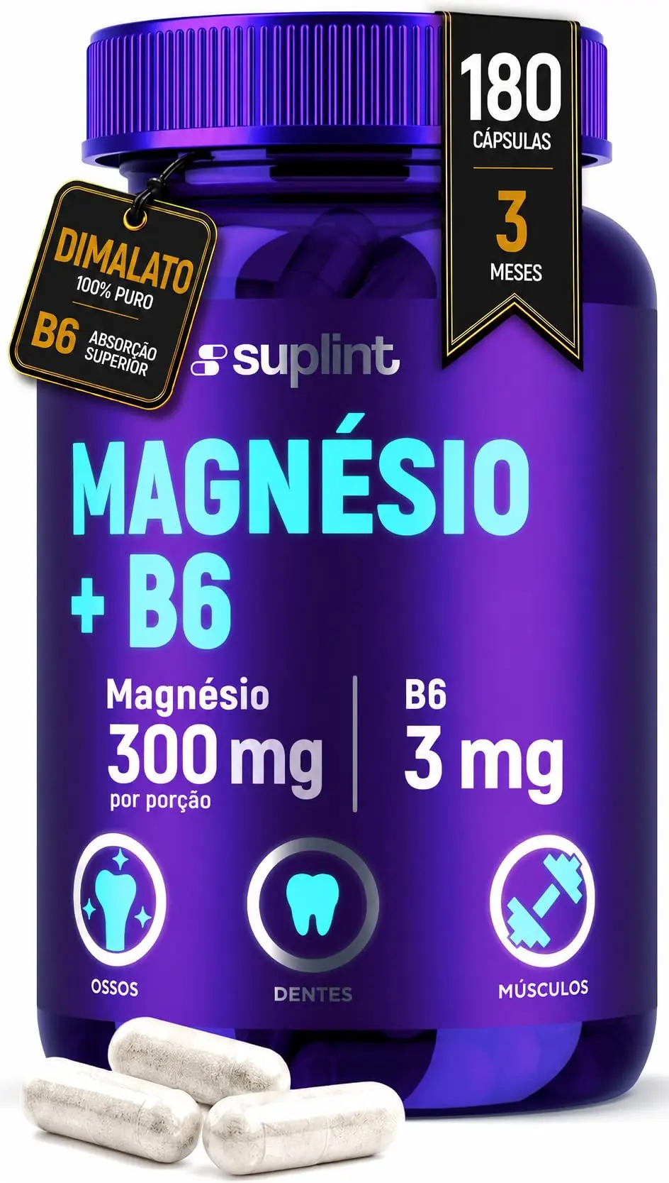 Magnésio Dimalato, 300 mg de Magnésio Elementar com Vitamina B6 – Suplemento de Magnésio para Ossos e Músculos – Sem Glúten, Sem OGM – 180 Cápsulas
