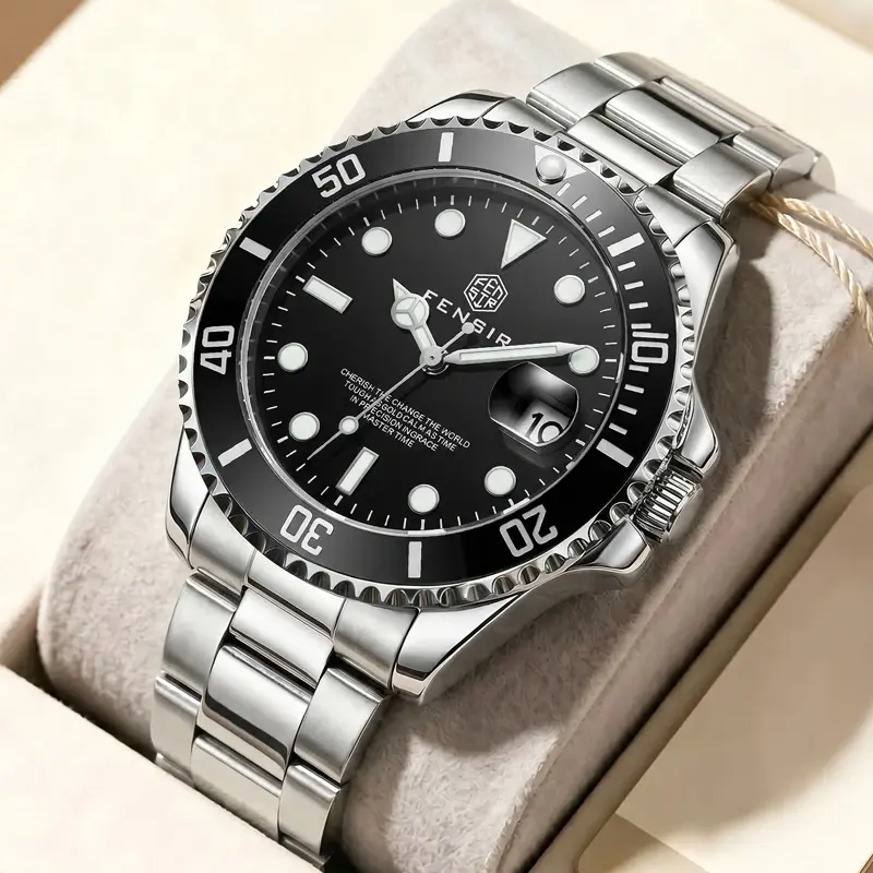 Relógio de Quartzo Masculino de Alta Qualidade, Pulseira de Aço Inoxidável, Relógio de Mergulho à Prova d'Água, Mostrador Redondo com Calendário Luminoso, Relógio Masculino Versátil e Elegante para Negócios e Esportes ao Ar Livre, Bezel Rotativo Resistent