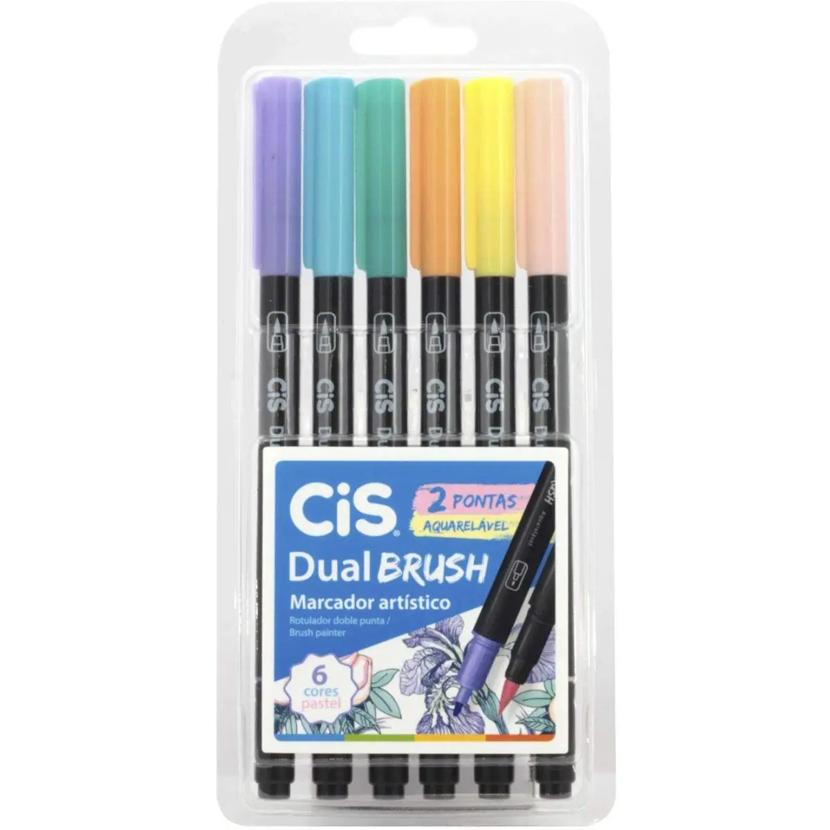Caneta pincel dual Brush Aquarelável com 6 cores Pastel Cis - 1