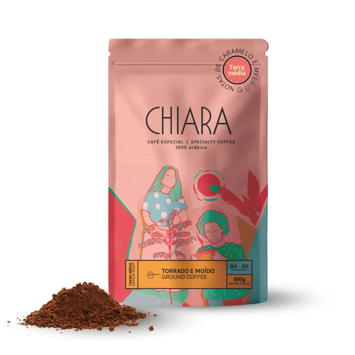 Caffè Chiara Flor Café Especial Torrado e Moído 100% Arábica, Torra Média, Origem Brejetuba ES, Notas Florais, Caramelo e Mel, 85 Pontos SCA, Ideal para Espresso, Coador, 250g