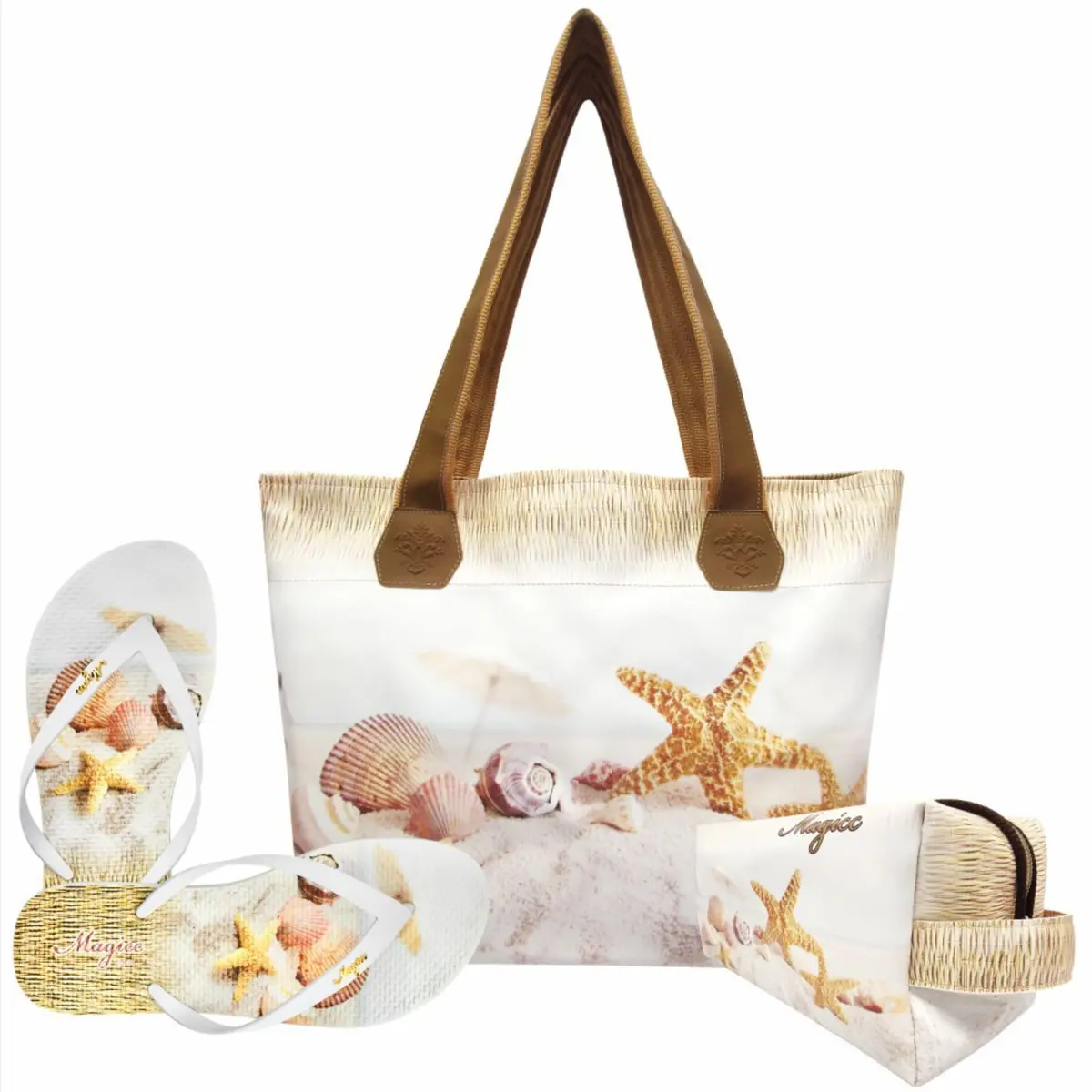 Kit Praia Feminino Estrela-do-Mar Areia Bolsa, Necessaire e Chinelo, Magicc Bolsas