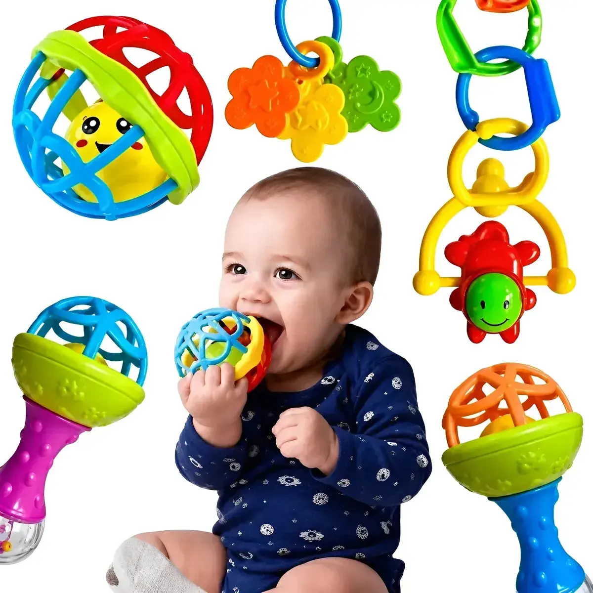 Kit Chocalhos E Mordedores Sensoriais Para Bebê Com 8 Peças Coloridas - 1