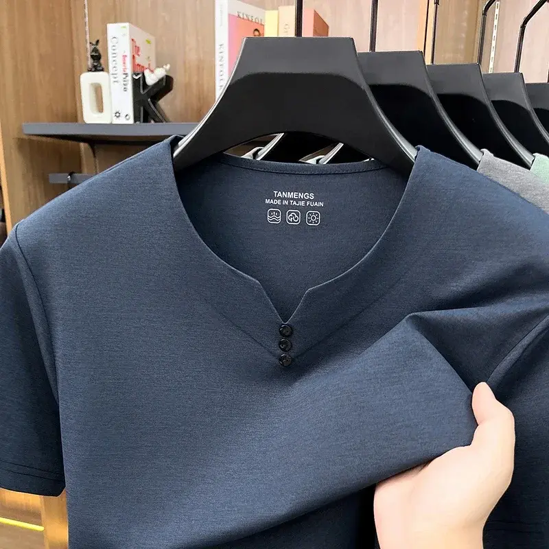 Camisetas Masculinas com Gola Henley, Manga Curta, Casuais, Macias, Respiráveis e Confortáveis, Moda para Uso Diário e Streetwear de Verão - 1