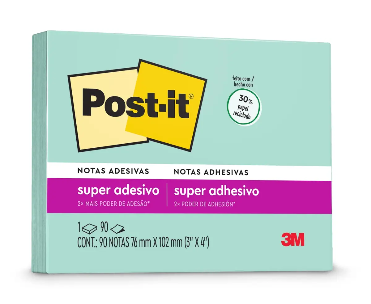 POST-IT 3M Bloco de Notas Super Adesivas Menta 90 Folhas | 76 mm x 102 mm, Adesão Excelente, Ideais para Anotações e Recados em Superfícies Verticais, Como Paredes, Portas, Janelas - 1