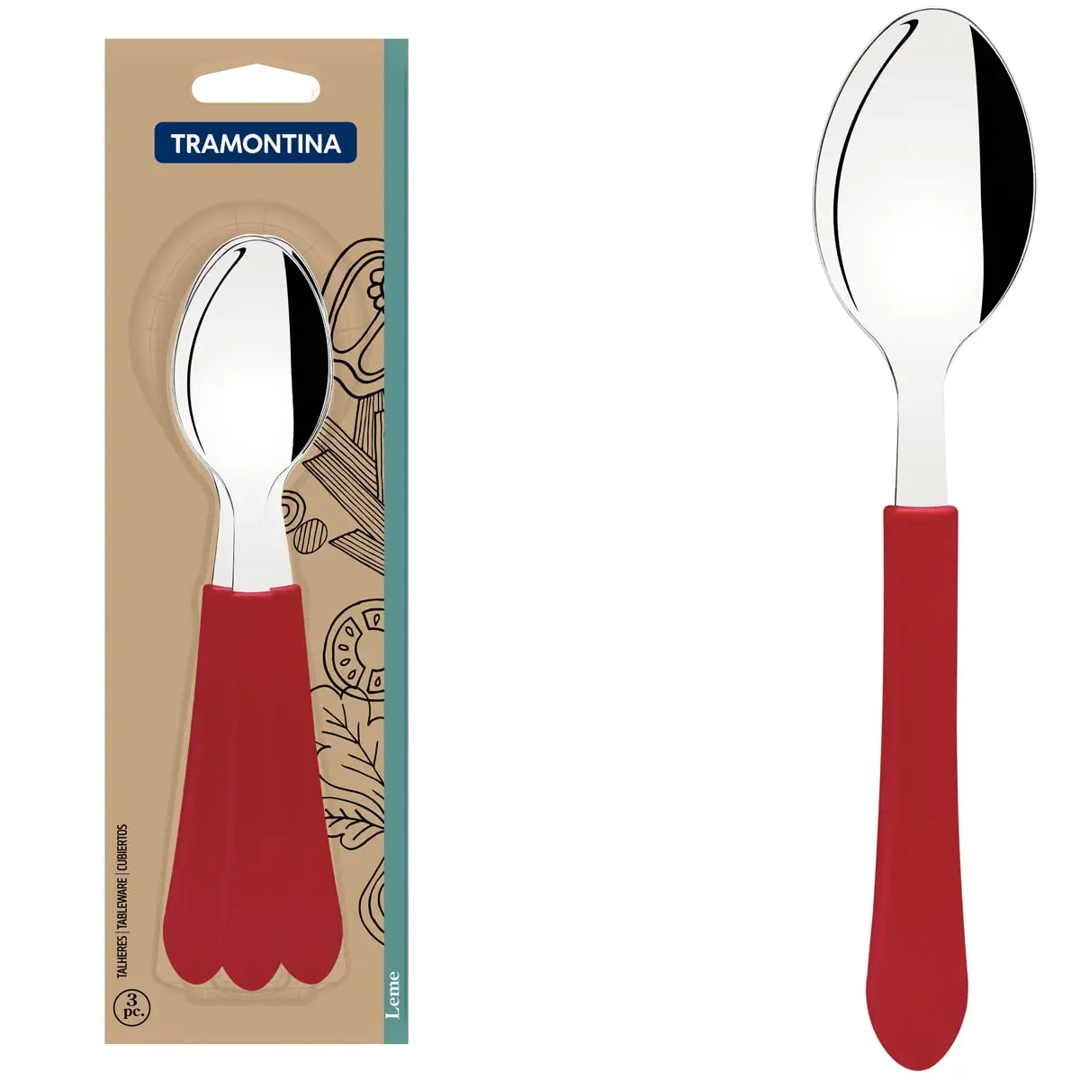 Conjunto de Colheres de Mesa Tramontina Leme com Lâminas em Aço inox e Cabos de Polipropileno Vermelho 3 Peças - 1