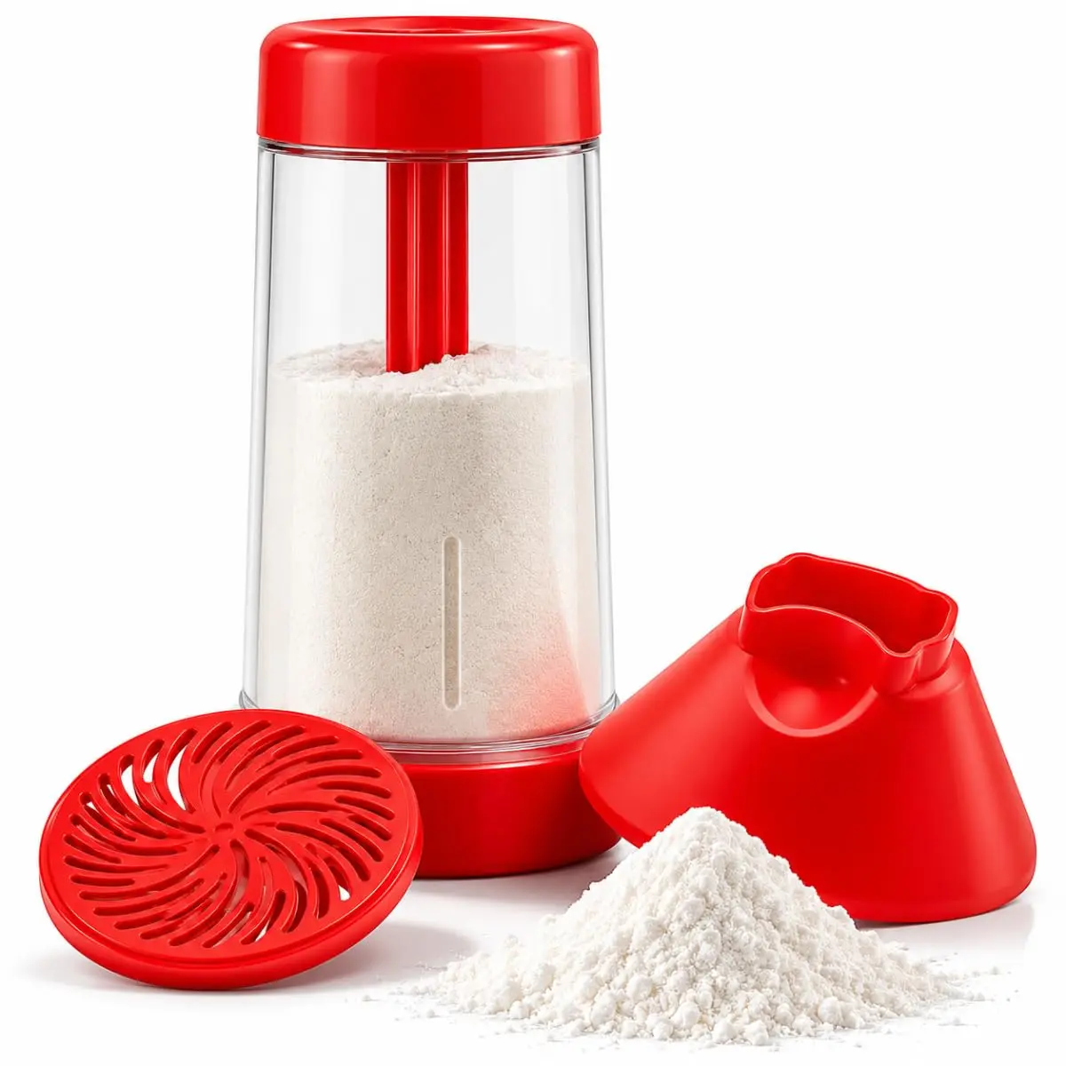 Tapioqueira Polvilhador para Tapioca Vermelho Peneira de Goma 3 em 1 | Dispenser Transparente - Armazenamento na Geladeira - Organização - Utensílio de Cozinha