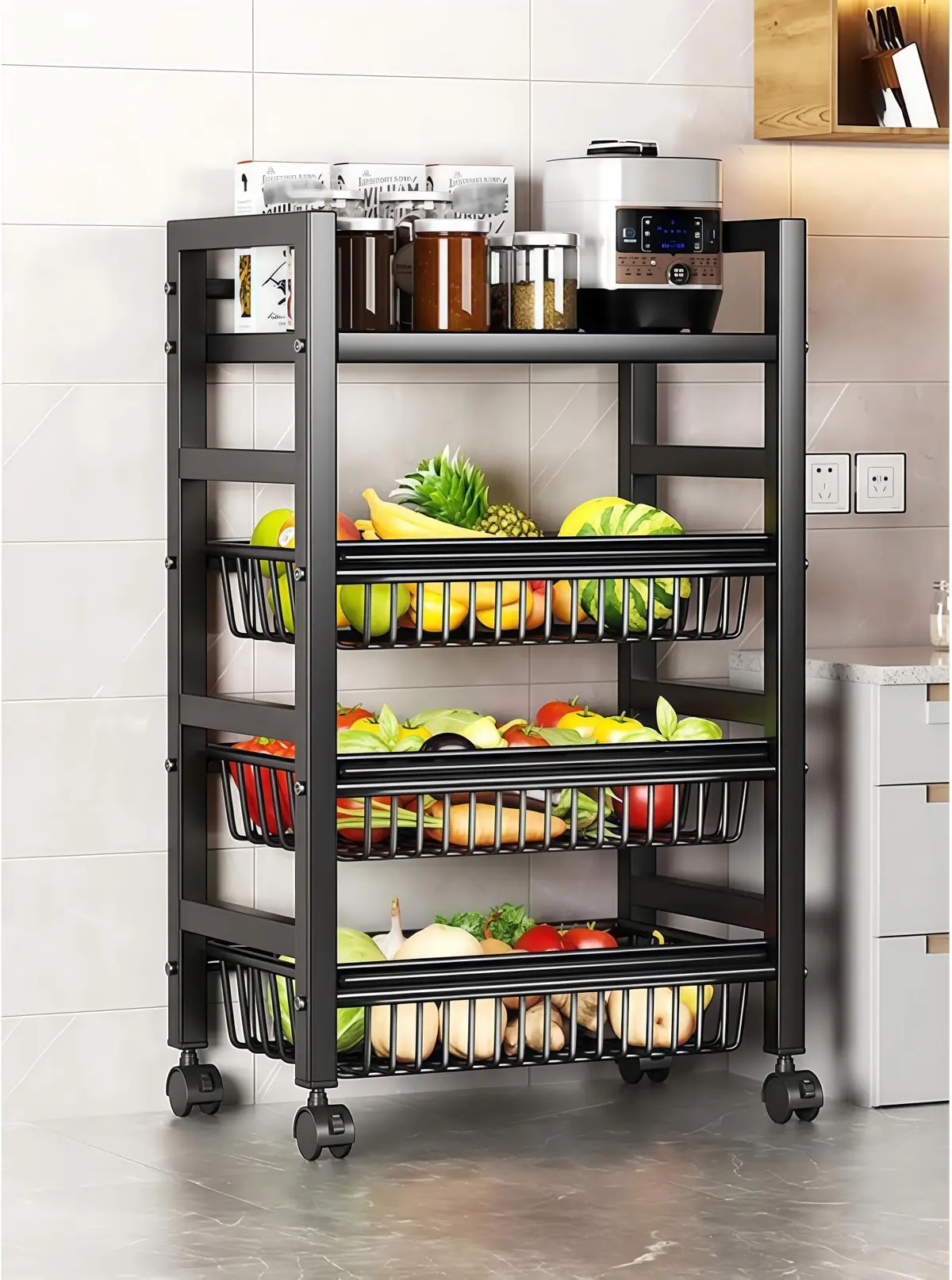 Carrinho de Armazenamento de Cozinha com Rodinhas, Suporte de Metal para Frutas e Vegetais com Cesto Removível, Suporte para Carrinho com Rodas para Lanches e Micro-ondas (98 * 58 * 33CM) - 1