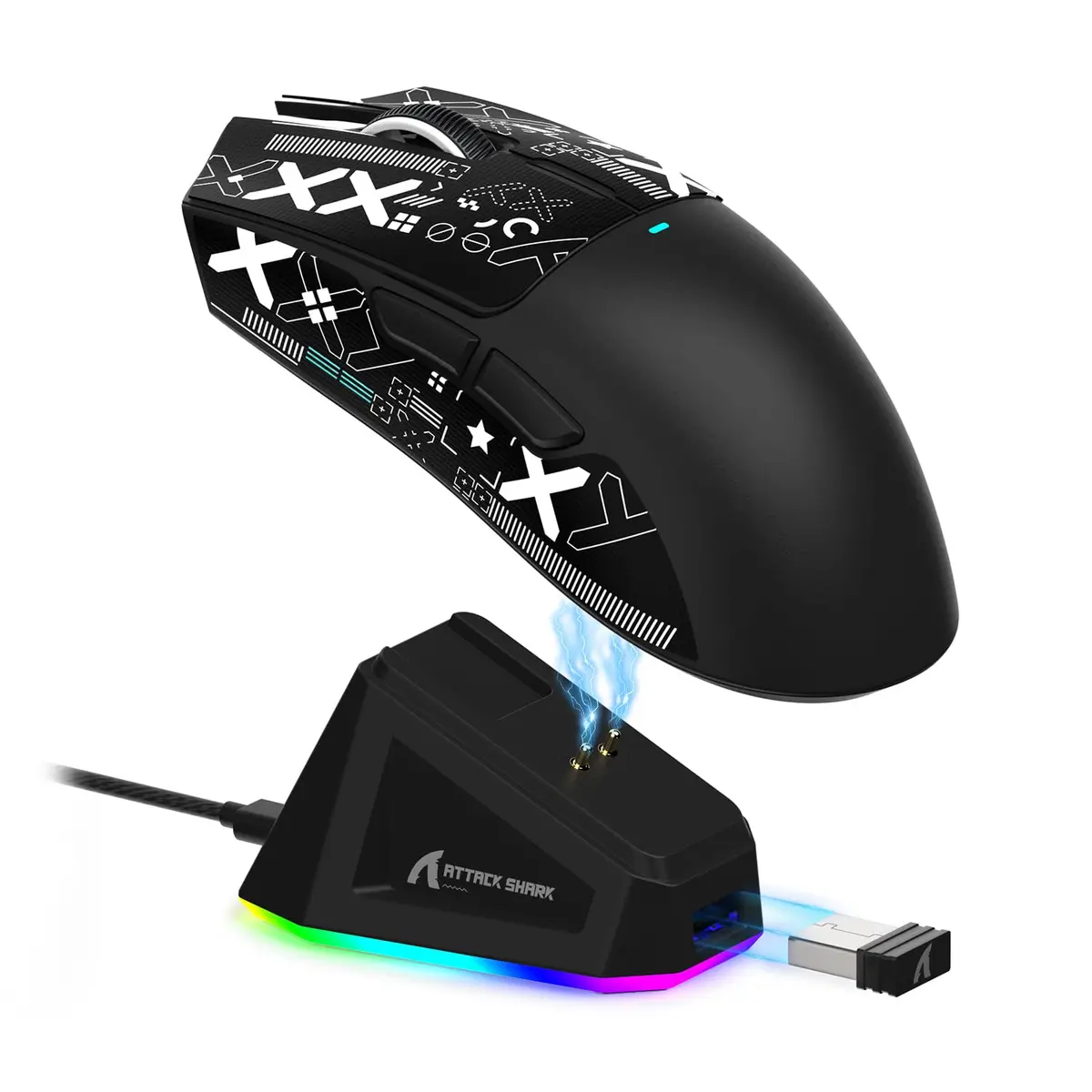 ATTACK SHARK X11 Mouse sem fio leve, 62g, RGB, conexão tri-modo (2.4G/USB-C/BT), 22K DPI, sensor PAW3311, 5 botões programáveis, base de carregamento RGB, compatível com PC/Mac-Preto+Tape