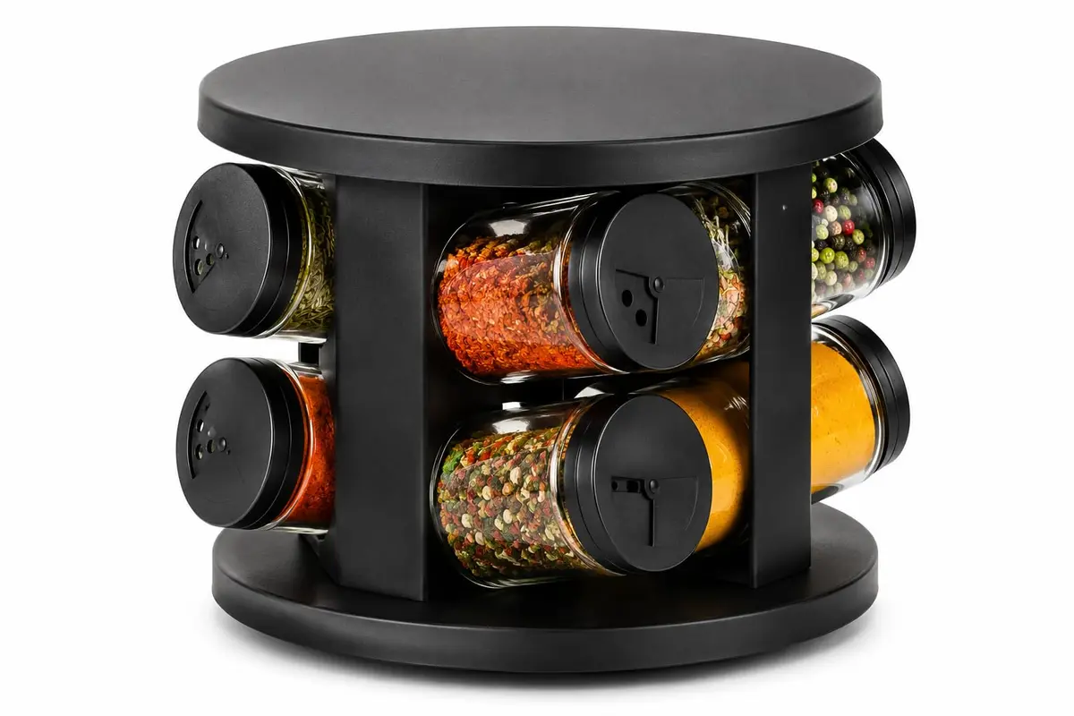 Porta Temperos Giratório 360° com 6 Potes de Vidro, Tampa Preta, Base Giratória, Organizador de Cozinha (Modelo 2)