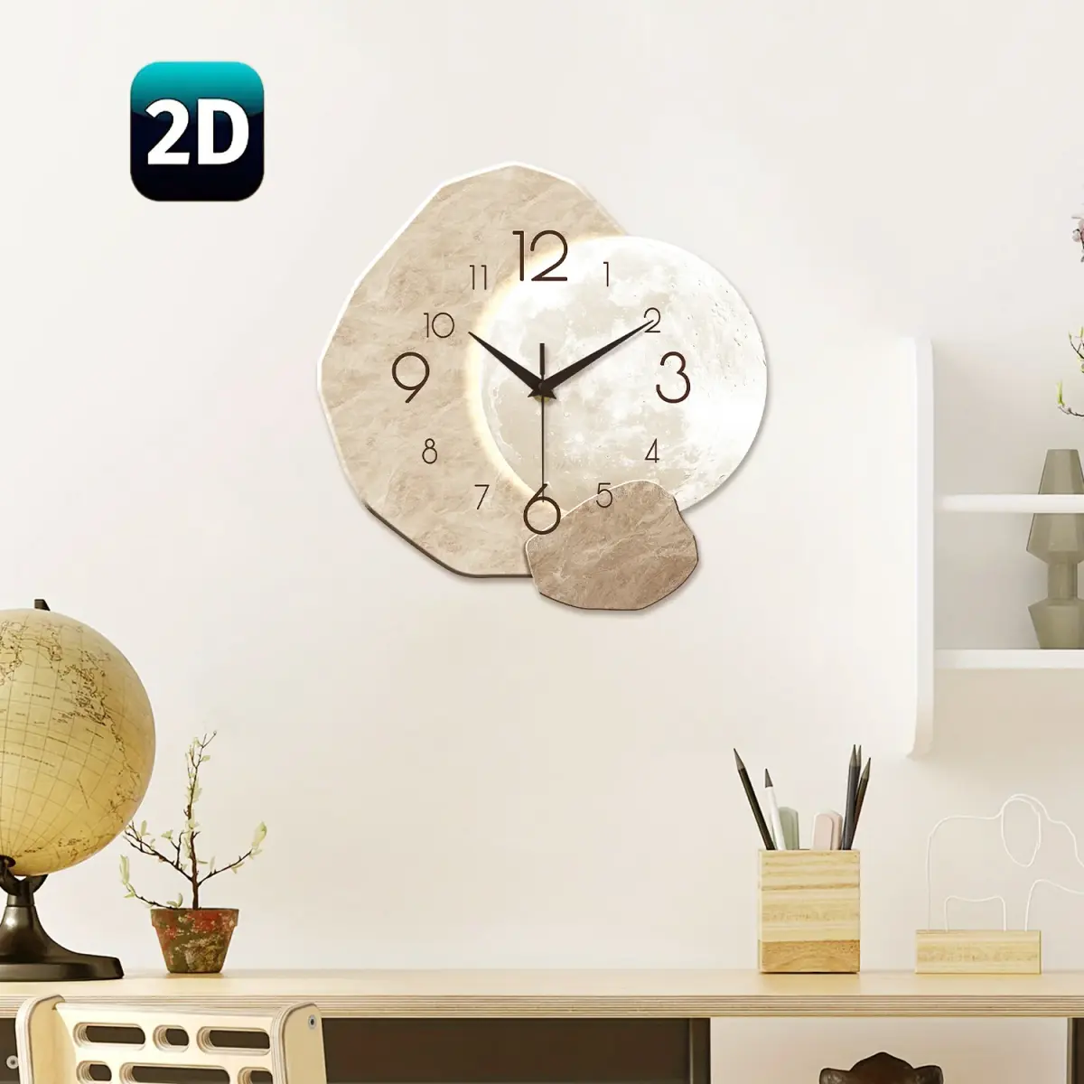 Relógio de parede silencioso simples e moderno, design de lua - movimento de quartzo, material de madeira, para decoração de quarto, sala de estar ou escritório - 1