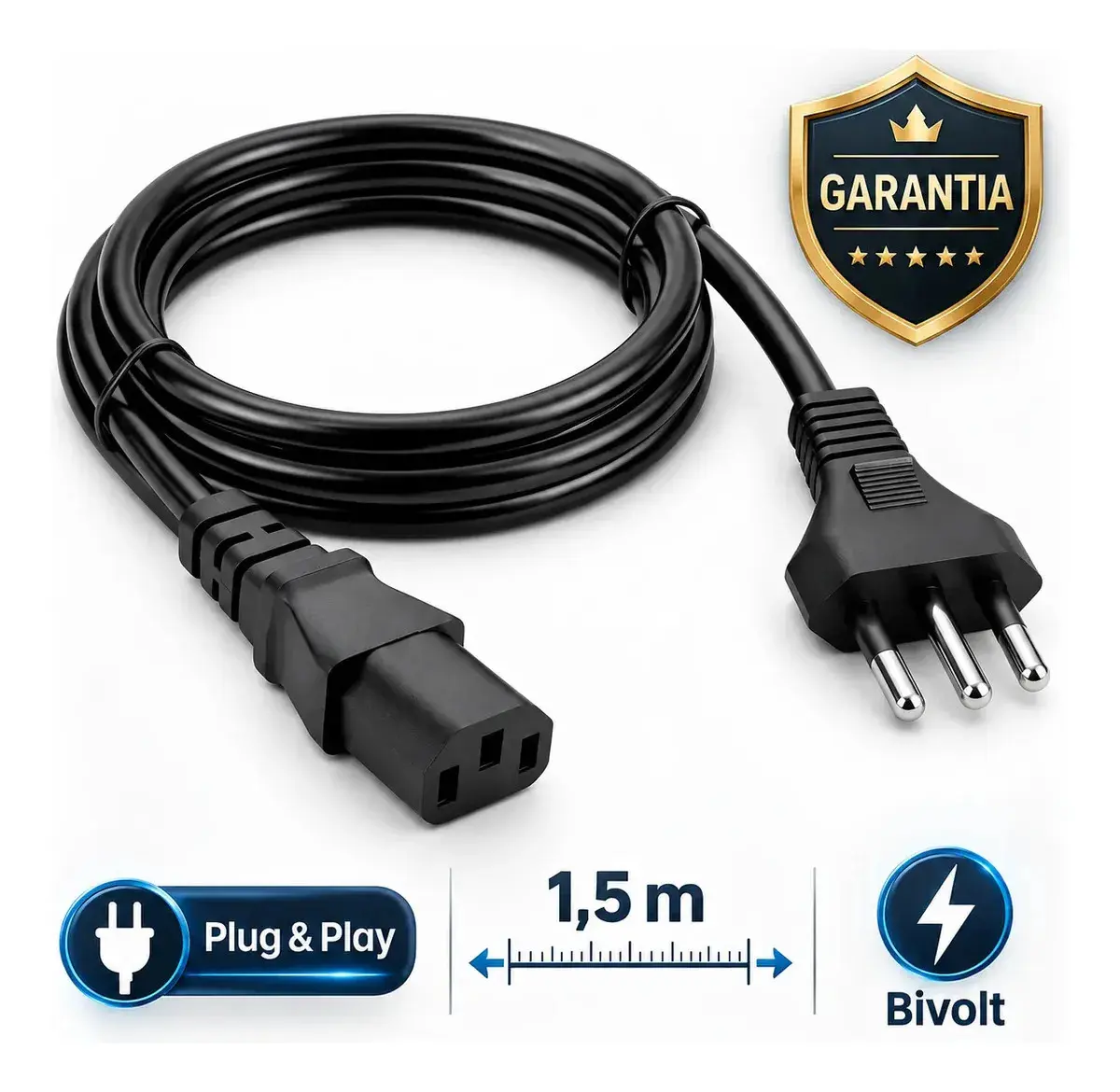 Cabo De Força Energia Tripolar IEC C13 Para Pc Monitor Impressora 1,5m Metros Padrão Brasileiro Bivolt 110v 220v Computador Reforçado Alta Durabilidade Compatível Cpu Fonte Tv Nobreak Eletric Teck thumbnail 2