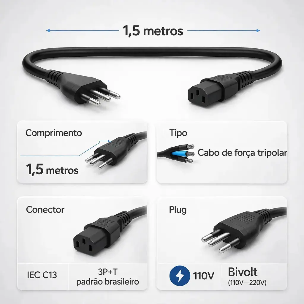 Cabo De Força Energia Tripolar IEC C13 Para Pc Monitor Impressora 1,5m Metros Padrão Brasileiro Bivolt 110v 220v Computador Reforçado Alta Durabilidade Compatível Cpu Fonte Tv Nobreak Eletric Teck thumbnail 5
