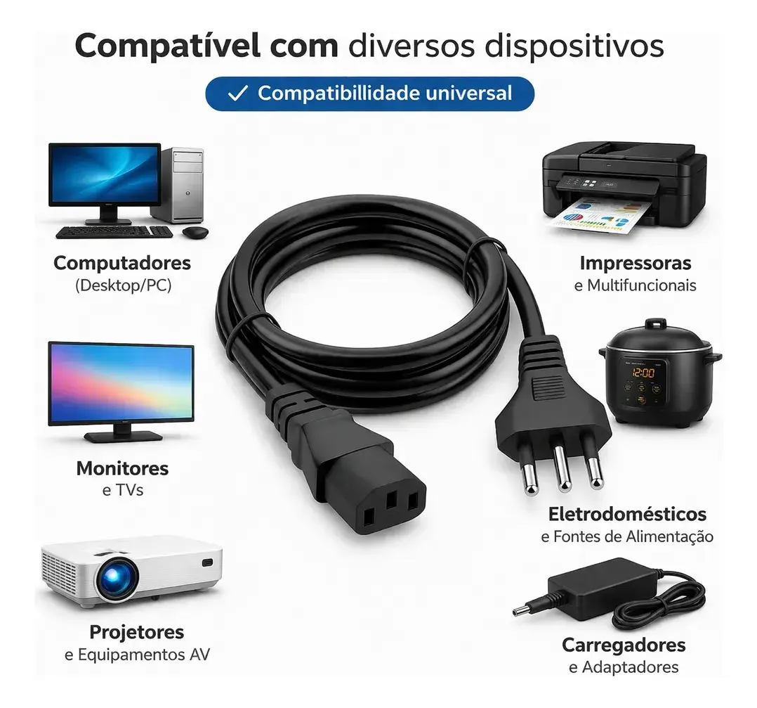 Cabo De Força Energia Tripolar IEC C13 Para Pc Monitor Impressora 1,5m Metros Padrão Brasileiro Bivolt 110v 220v Computador Reforçado Alta Durabilidade Compatível Cpu Fonte Tv Nobreak Eletric Teck thumbnail 6