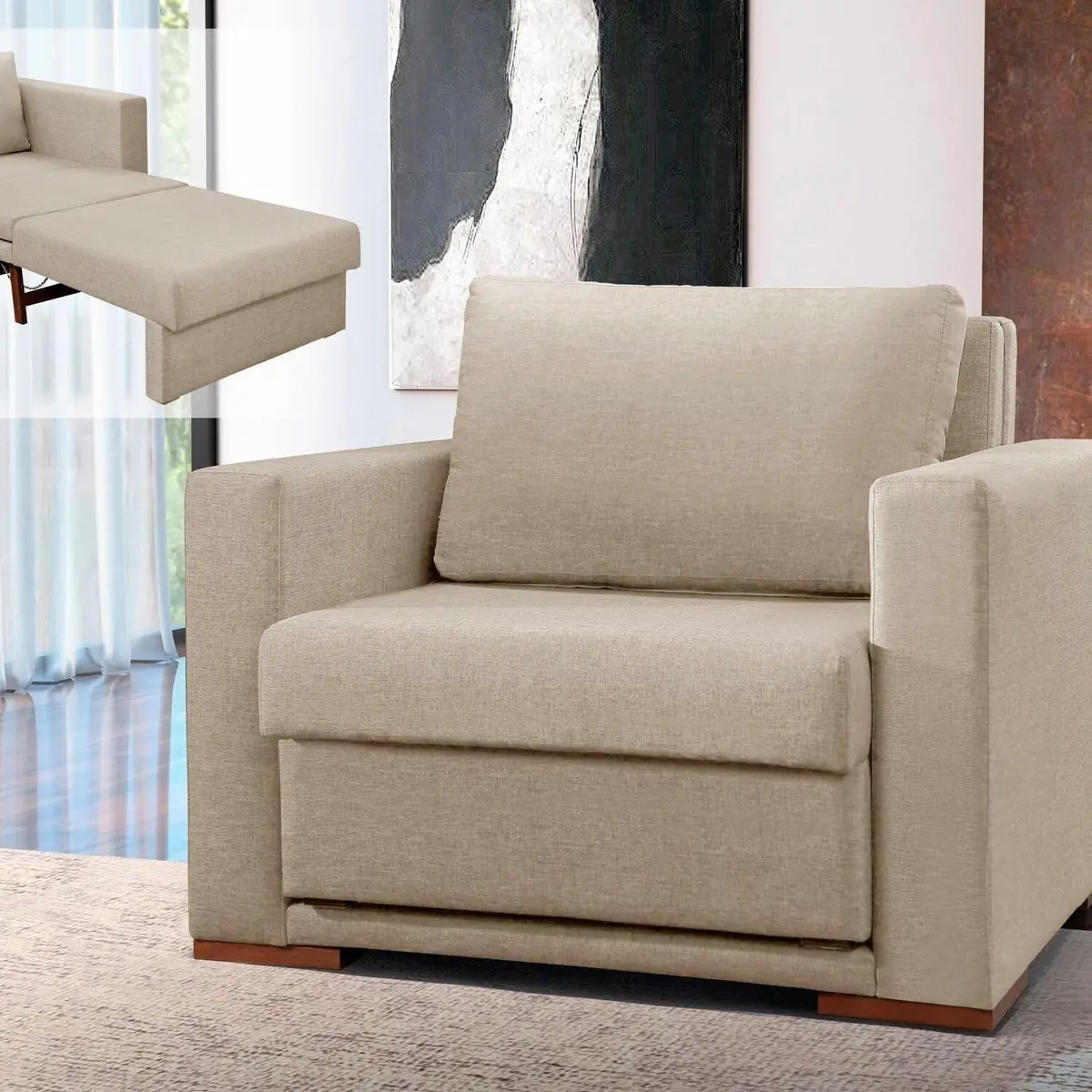 Sofá Cama Solteiro Extensível Linho Bege Claro Hermes Luxo 110cm Bege Claro - 1
