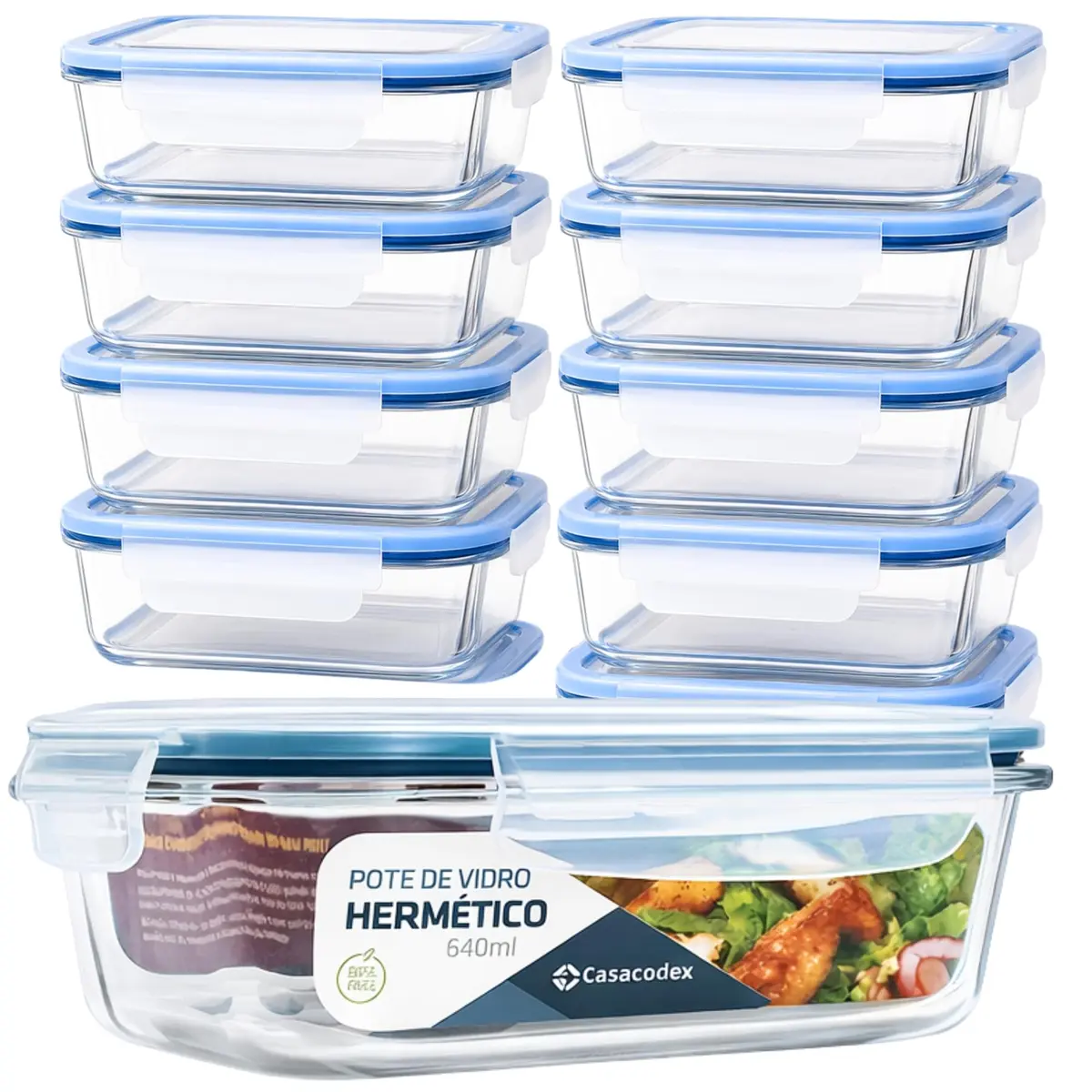 Kit 10 Potes de Vidro Retangulares 640ml para Marmita com Tampa Hermética e 4 Travas de Segurança Conjunto Vedação Total - Forno Freezer e Microondas - 1