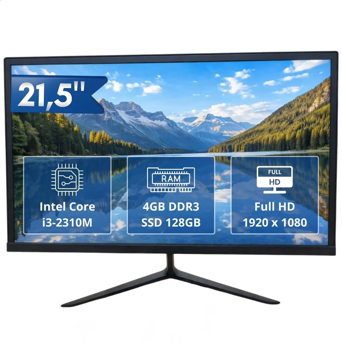 Computador All-in-One 21,5" Full HD, Intel i3 2310M 4GB RAM SSD 128GB, Wi-Fi, Bluetooth, HDMI, para Estudo, Home Office e Escritório (Preto)