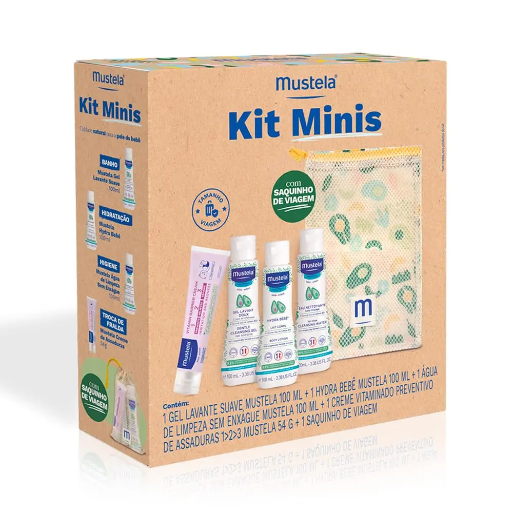 Mustela Kit Minis Travel Size - Gel Lavante + Hydra Bebê + Água de Limpeza + Creme Vitaminado Preventivo de Assaduras 54g - Nova Embalagem - Edição Limitada - Mustela Bebê e Criança