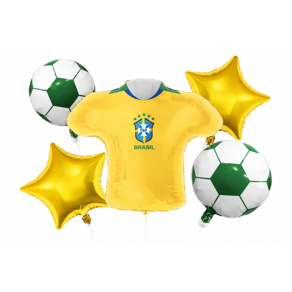 Kit Balões Camisa Brasil 5 Peças 24 e 18 Polegadas Copa do Mundo Futebol | Kit com balão camisa 24, 2 bolas e 2 estrelas 18 polegadas - 1