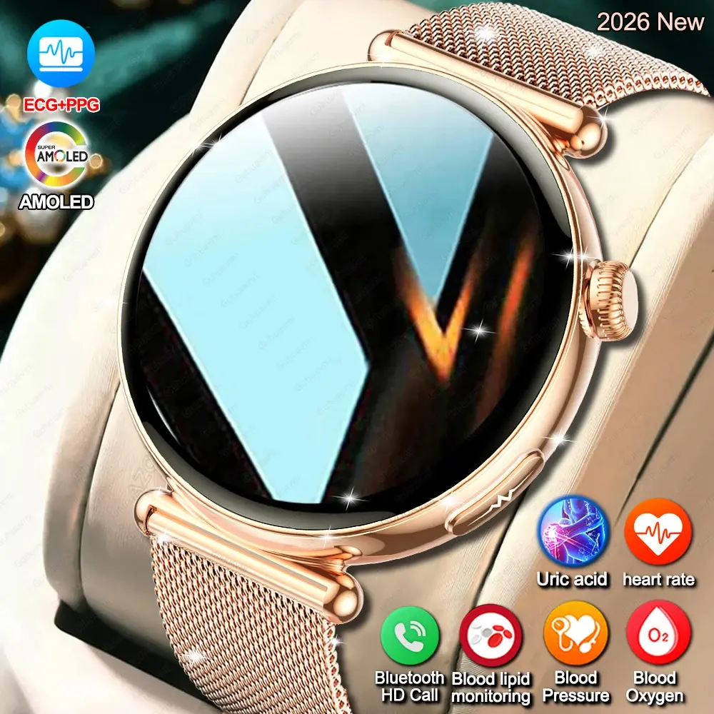 Relógio inteligente feminino com ecrã AMOLED de 1,32 polegadas, função de chamadas, ECG, monitorização de atividades desportivas, medição da pressão arterial, microexame físico e mostrador com inteligência artificial.