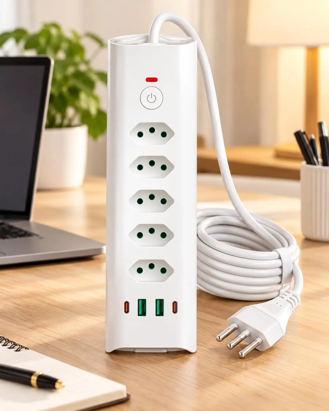 Extensão Elétrica 5 Tomadas, 2 USB-A e 2 USB-C, Filtro de Linha, 3 Pinos 10A e 20A, 2 Metros, Interruptor Liga e Desliga com Indicador LED, Proteção Contra Sobrecarga, Bivolt, Branca