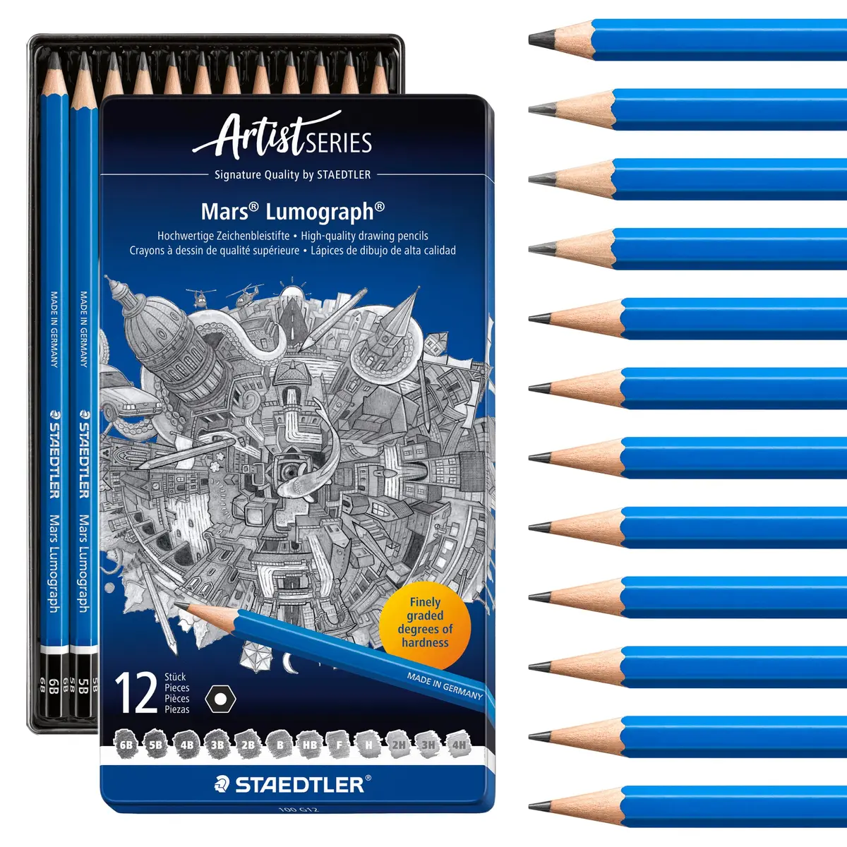 Estojo Lápis Grafite de Desenho, Staedtler, Lumograph, 100 G12 12, 6B-4H, 12 Unidades
