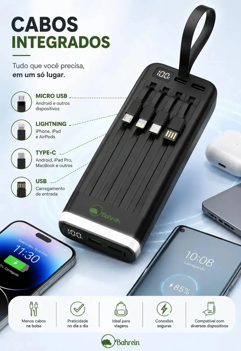 Carregador Portátil 20000mAh Bahrein Power Bank Universal Power Bank Carga Rápida Com Display Bahrein Compatível Com Todos Celulares Iphone Android IOS apple xiaomi Samsung Motorola thumbnail 3