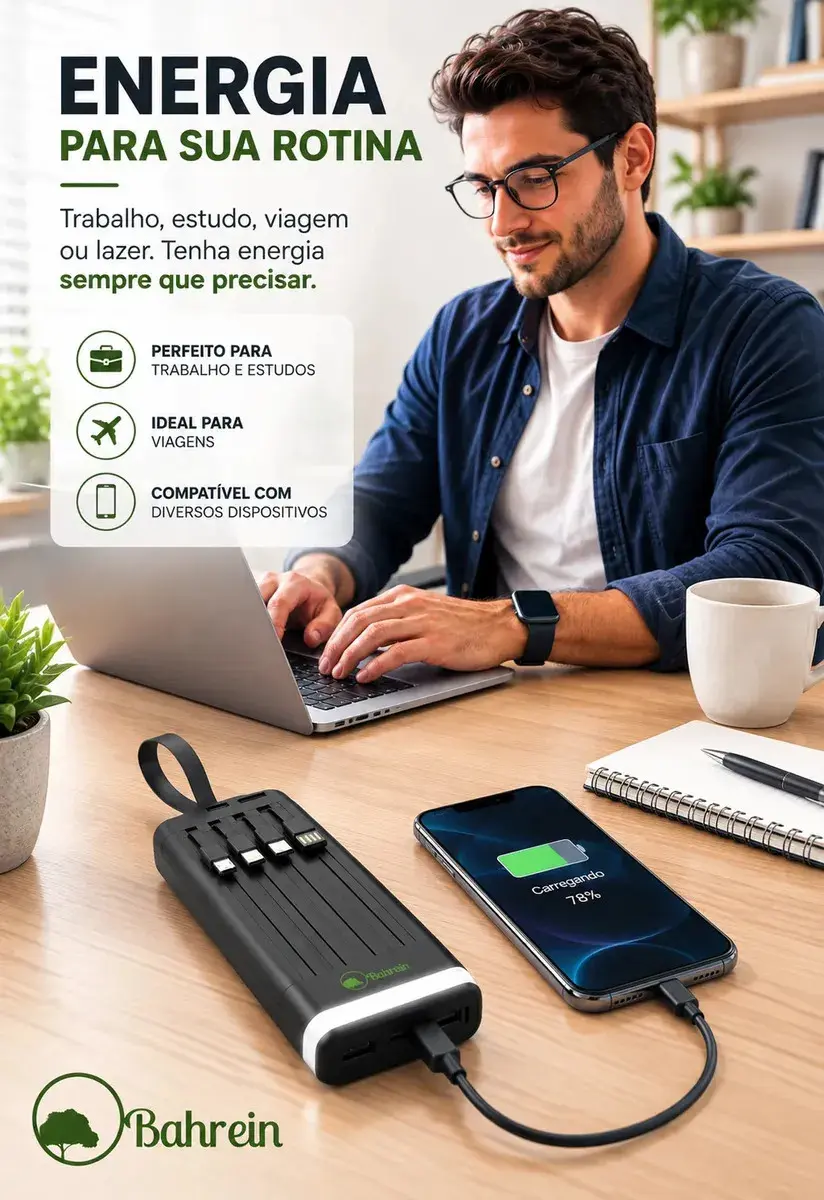 Carregador Portátil 20000mAh Bahrein Power Bank Universal Power Bank Carga Rápida Com Display Bahrein Compatível Com Todos Celulares Iphone Android IOS apple xiaomi Samsung Motorola thumbnail 5