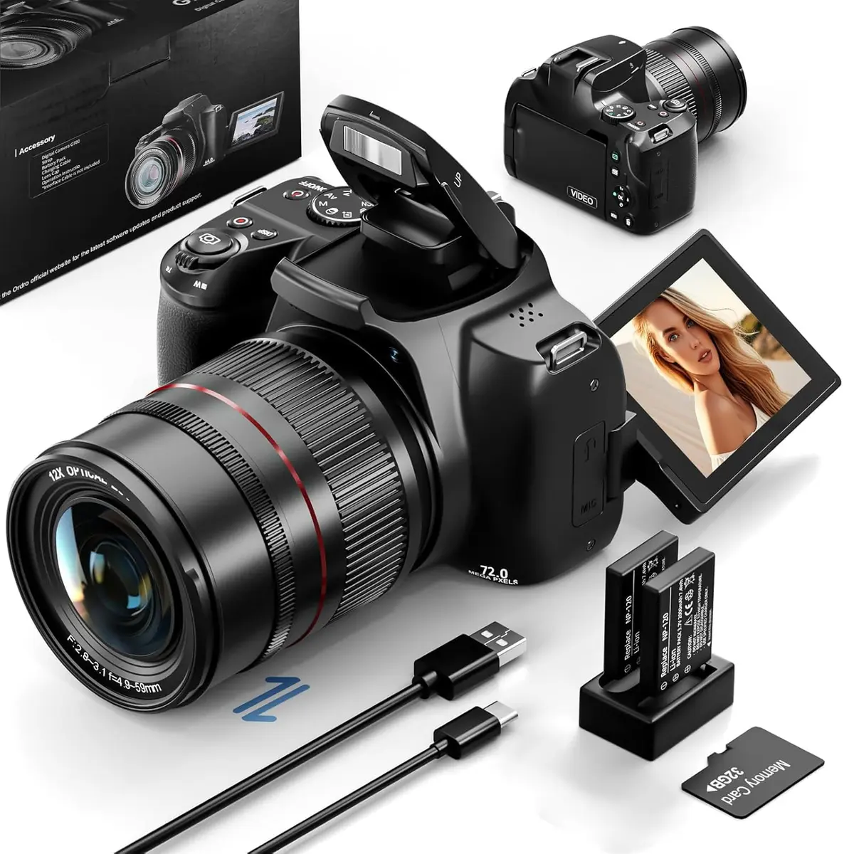 Câmera Digital 4K 72MP com Zoom Óptico 12X, Tela Flip 270° para Selfie e Vlog, WiFi, Flash Xenon, Câmera DSLR para Iniciantes e Criadores de Conteúdo