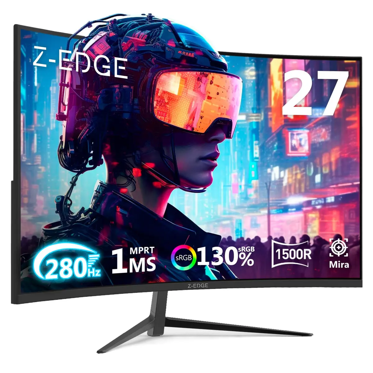 Monitor Gamer Curvo 27 polegadas Z-Edge, FHD 1080P 280Hz 1500R, monitor MPRT ultrarrápido de 1 ms,16,7 milhões de cores, 2 x DP 1.2/2 x HDMI 2.0, Ajuste de Inclinação, Suporte VESA, Sem Bordas