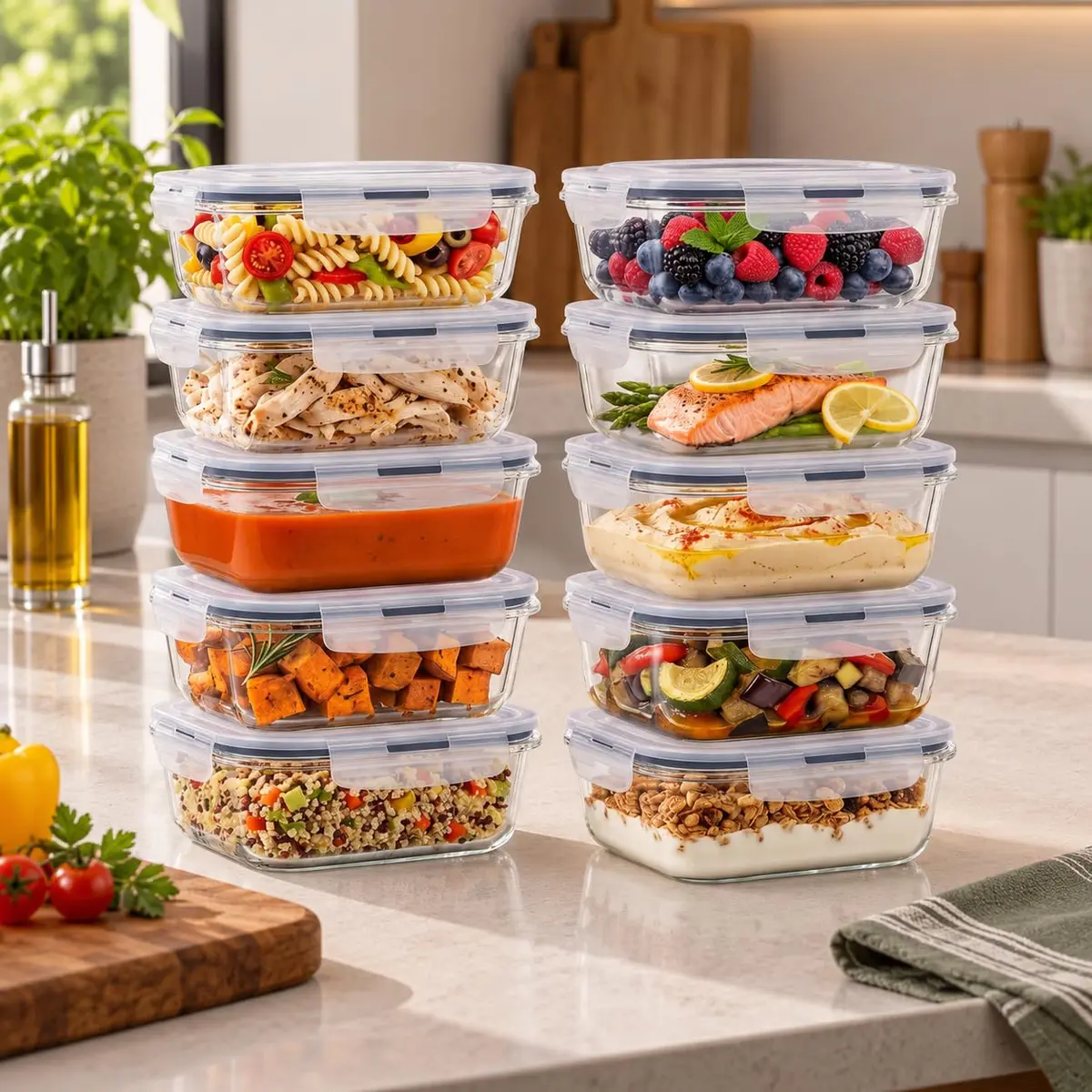 Rishon Pote Hermético para marmita, de Vidro Borossilicato 640ml Kit 10 | Vai do Freezer ao Forno, Tampa com Travas, 18x10x7 cm, Micro-ondas e Lava-louças, Transparente