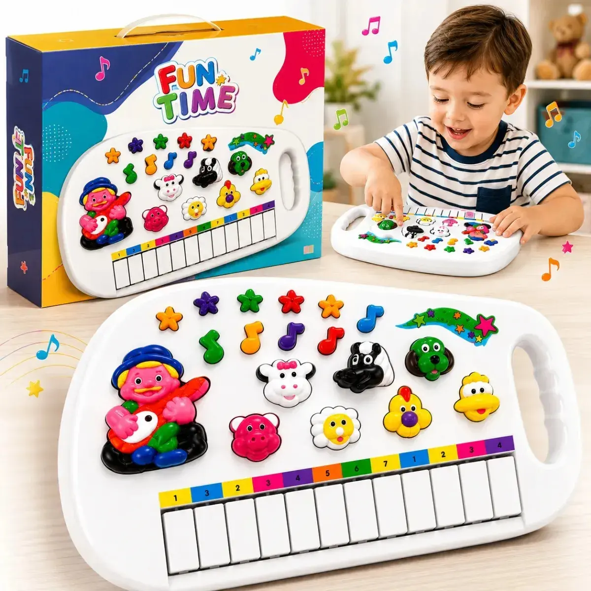 Piano Infantil Teclado Musical Fazendinha 12 Teclas com Som de Animais Brinquedo Educativo para Bebê e Criança a Partir de 2 Anos Cor Branco Plástico Alça Portátil Pratitudo Toys