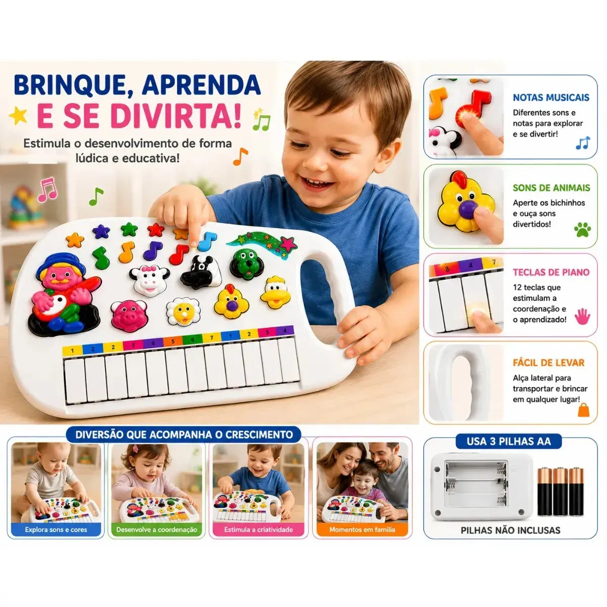 Piano Infantil Teclado Musical Fazendinha 12 Teclas com Som de Animais Brinquedo Educativo para Bebê e Criança a Partir de 2 Anos Cor Branco Plástico Alça Portátil Pratitudo Toys thumbnail 2