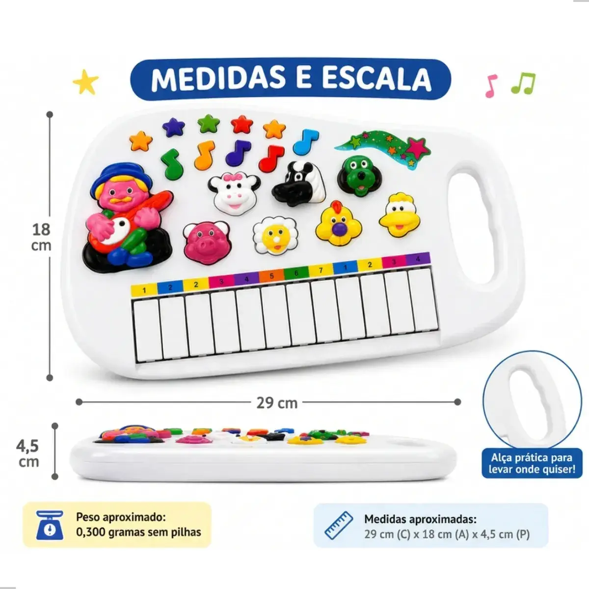 Piano Infantil Teclado Musical Fazendinha 12 Teclas com Som de Animais Brinquedo Educativo para Bebê e Criança a Partir de 2 Anos Cor Branco Plástico Alça Portátil Pratitudo Toys thumbnail 3