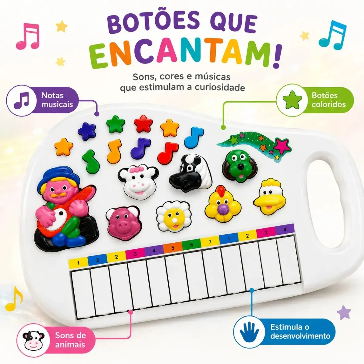 Piano Infantil Teclado Musical Fazendinha 12 Teclas com Som de Animais Brinquedo Educativo para Bebê e Criança a Partir de 2 Anos Cor Branco Plástico Alça Portátil Pratitudo Toys thumbnail 4