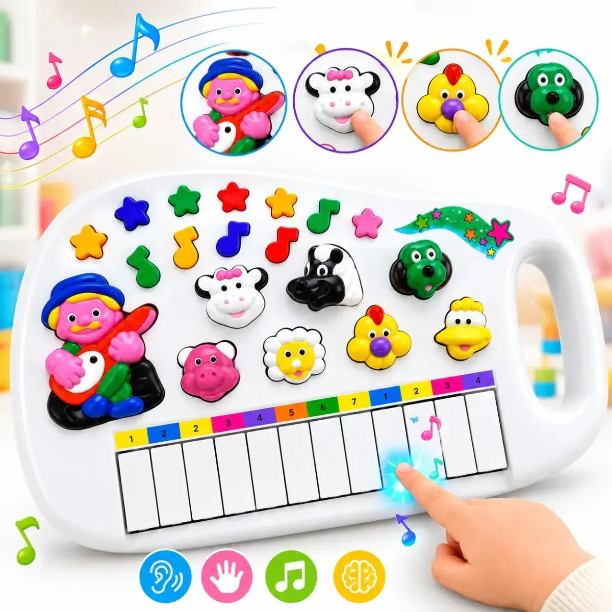 Piano Infantil Teclado Musical Fazendinha 12 Teclas com Som de Animais Brinquedo Educativo para Bebê e Criança a Partir de 2 Anos Cor Branco Plástico Alça Portátil Pratitudo Toys thumbnail 5