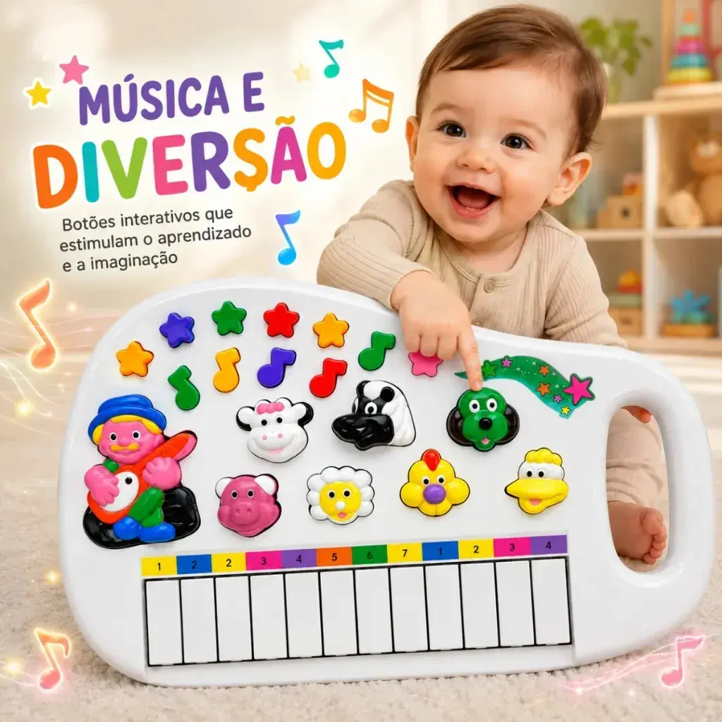 Piano Infantil Teclado Musical Fazendinha 12 Teclas com Som de Animais Brinquedo Educativo para Bebê e Criança a Partir de 2 Anos Cor Branco Plástico Alça Portátil Pratitudo Toys thumbnail 7