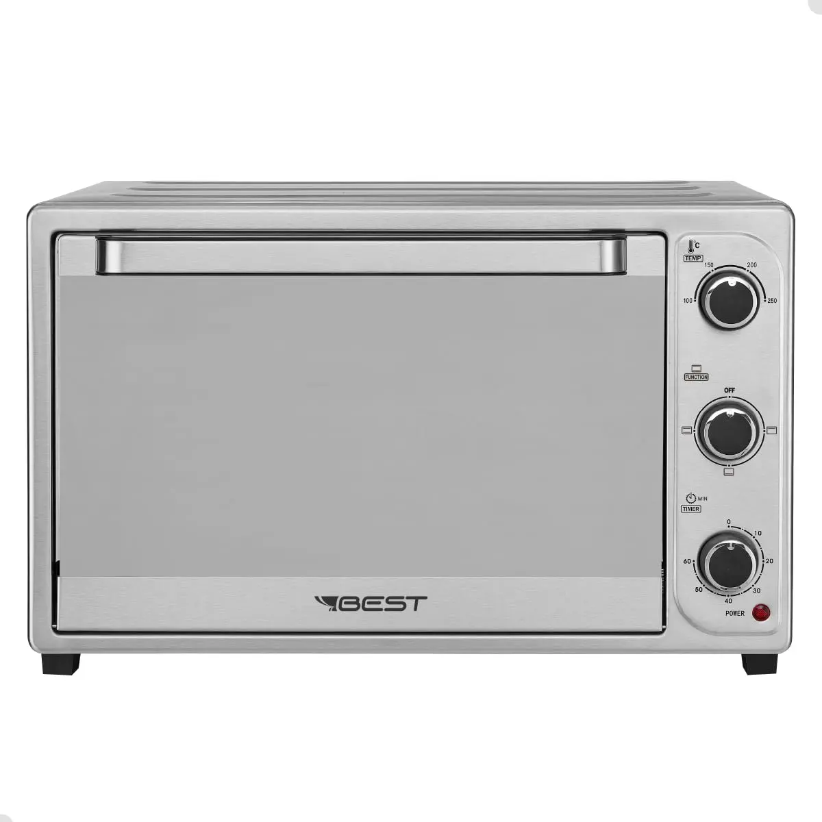 BEST Forno Elétrico 46L, Inox, 1800W 220V 100-250°C, Timer 60min, Porta de Vidro Duplo, Luz Interna