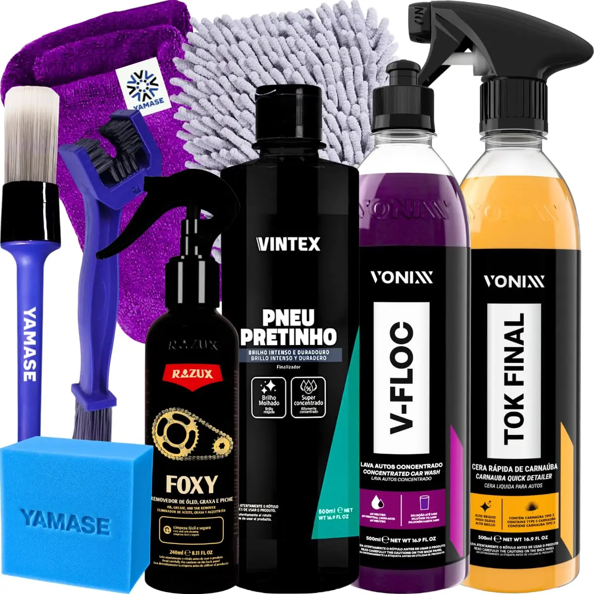 Kit Limpa Moto Cera Shampoo Desengraxante Pretinho Limpador de Corrente Vonixx Foxy Pneu Pretinho V-Floc Tok Final Acessórios