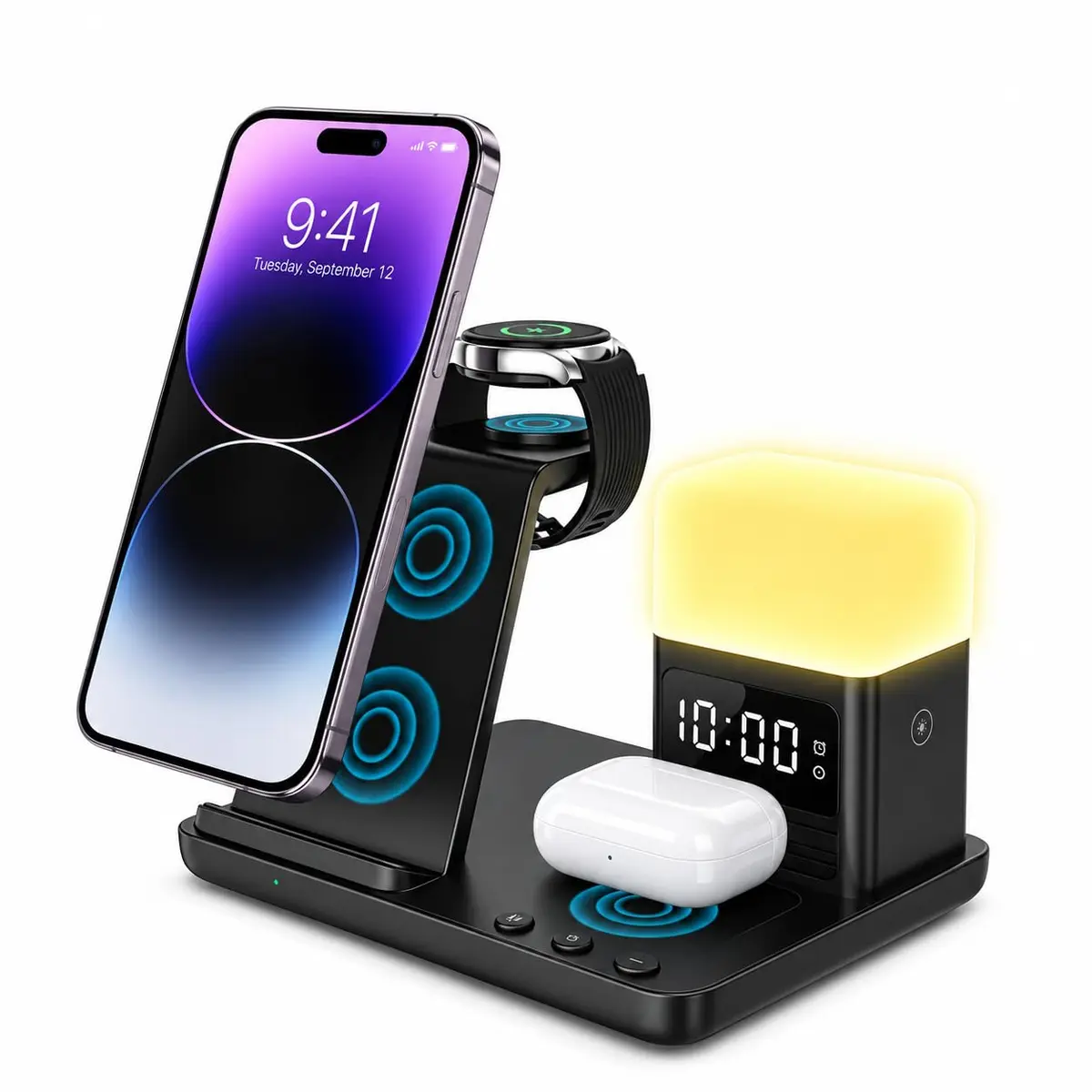 Carregador Sem Fio Rápido, Indução, Wireless, 6 em 1, 15W Dobrável, Estação de Carregamento Compatível com iPhone Apple Watch AirPods
