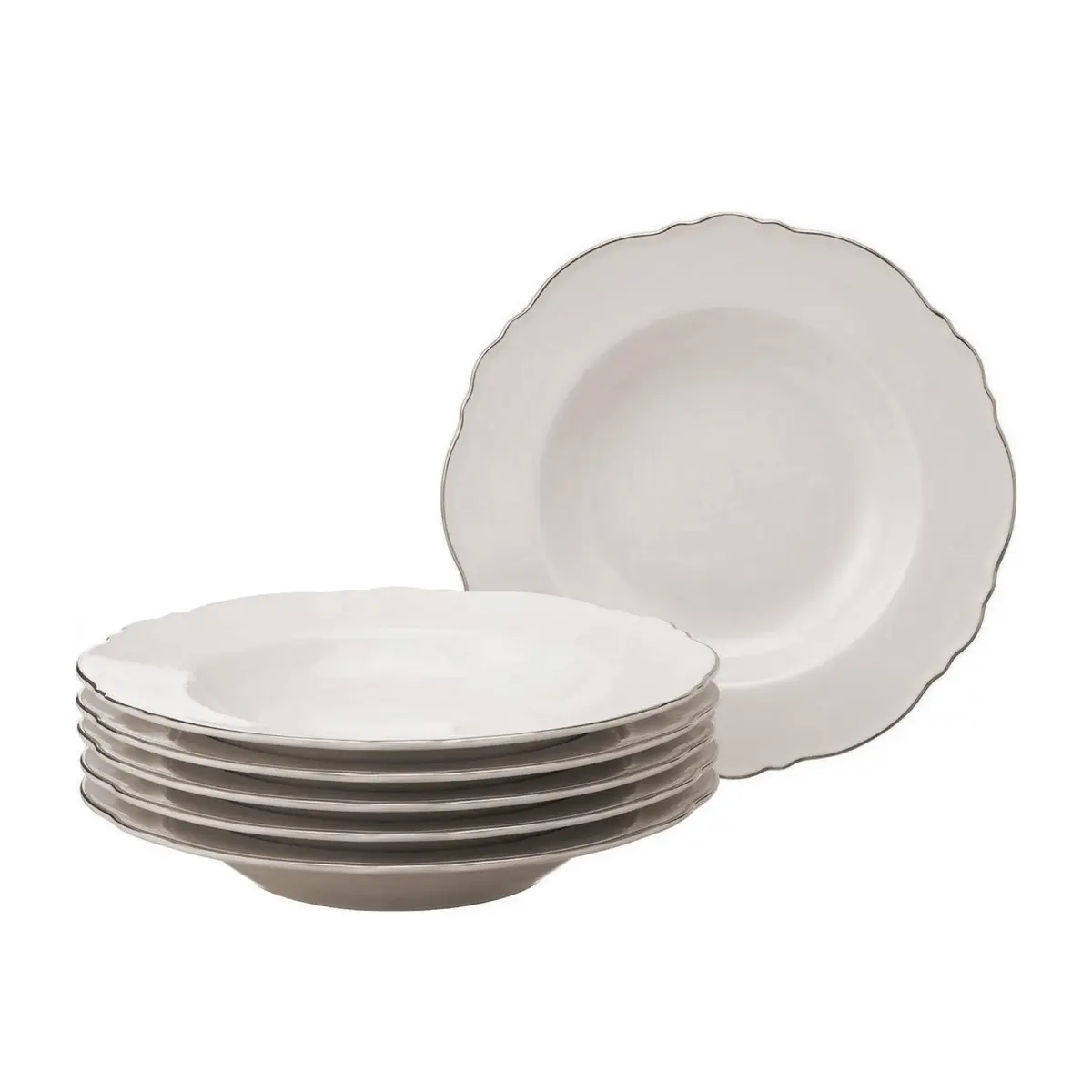 WOLFF - Conjunto 6 Pratos Fundos de Porcelana Maldivas com Fio Prata 23cm - 1