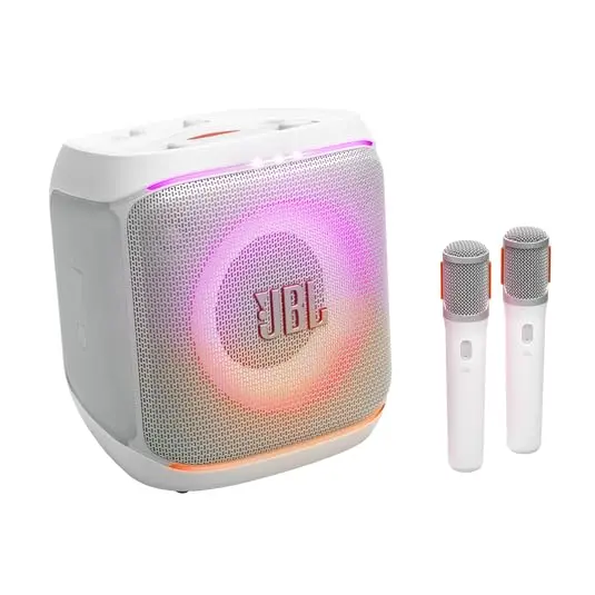 JBL, Caixa de Som, PartyBox Encore Essential 2 Mic Branca, Show de Luzes, Bluetooth, Portátil, Resistente a Respingos, Bateria de até 15H, Pro Sound, AI Boost, 100 W RMS