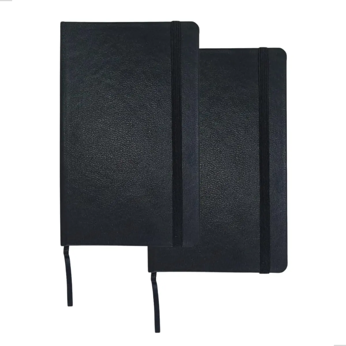 2 Cadernetas Pequenas Capa em Couro Sintético Premium, com Elástico para Fechar, Fita Marca Páginas (Pretas com Pauta)